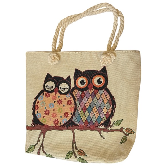 Handbags - Graphic Owl Couple Tote Bag Thick Rope Handles Cream Backside 15.5”x 17”x 3.5”